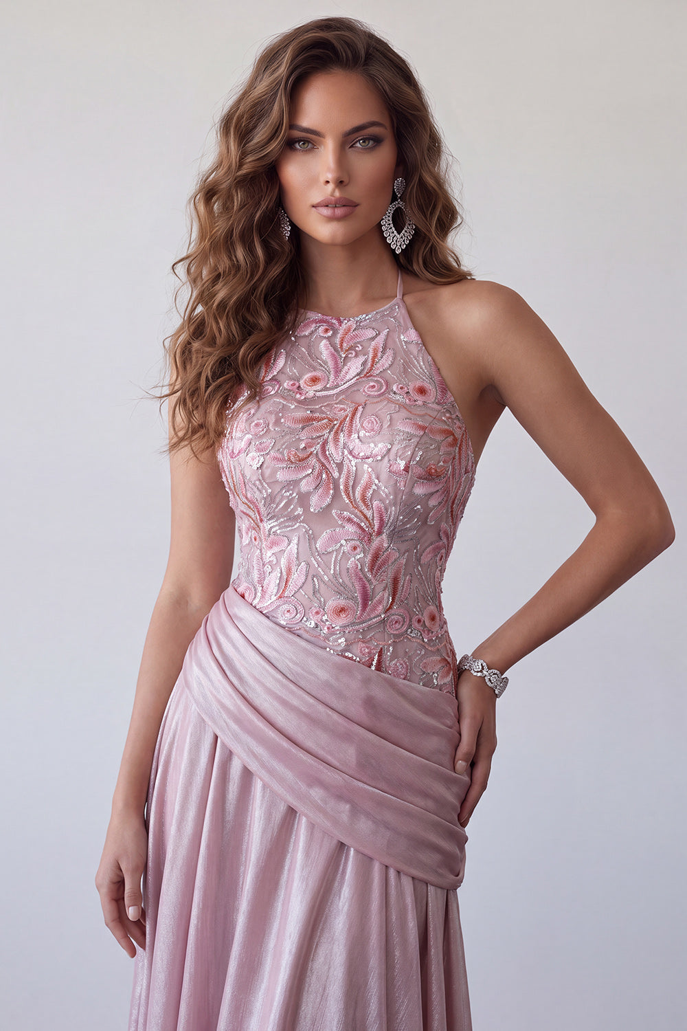 Floral Pink A Line Halter Sequin Draped Long Formal Dress