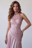 Floral Pink A Line Halter Sequin Draped Long Formal Dress