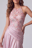 Floral Pink A Line Halter Sequin Draped Long Formal Dress