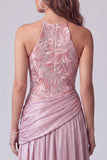 Floral Pink A Line Halter Sequin Draped Long Formal Dress