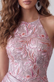 Floral Pink A Line Halter Sequin Draped Long Formal Dress