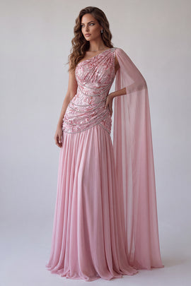 One Shoulder Pink A Line Floral Beaded Long Formal Dress with Side Cape