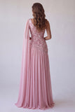 One Shoulder Pink A Line Floral Beaded Long Formal Dress with Side Cape