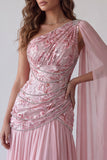 One Shoulder Pink A Line Floral Beaded Long Formal Dress with Side Cape