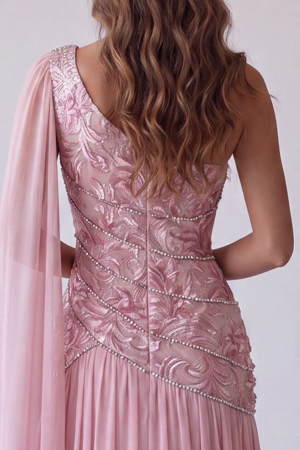 One Shoulder Pink A Line Floral Beaded Long Formal Dress with Side Cape