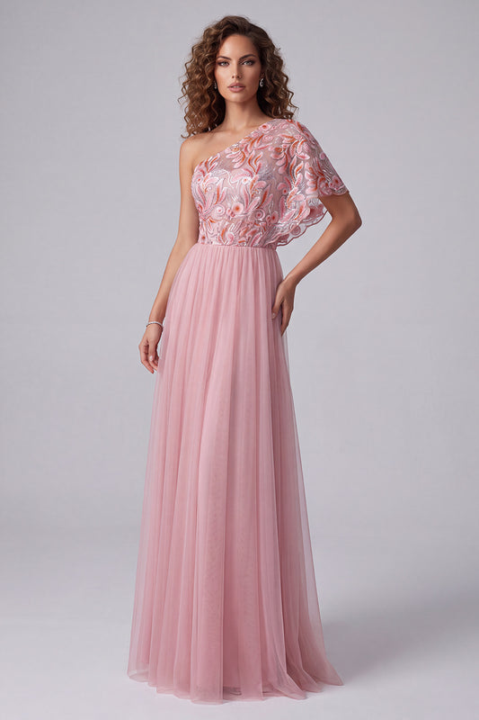 A Line Pink Floral One Shoulder Long Formal Dress with Sleeve