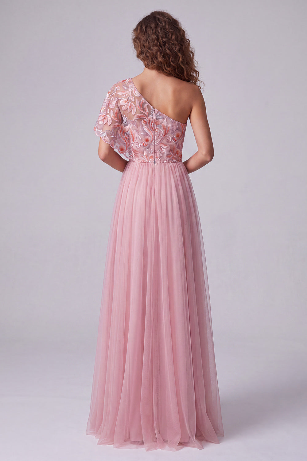 A Line Pink Floral One Shoulder Long Formal Dress with Sleeve