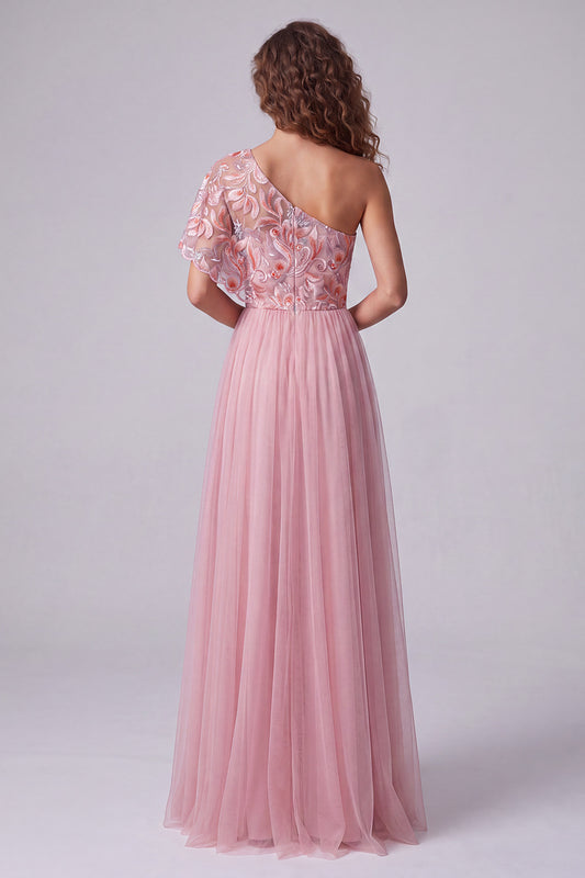 A Line Pink Floral One Shoulder Long Formal Dress with Sleeve