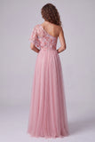 A Line Pink Floral One Shoulder Long Formal Dress with Sleeve