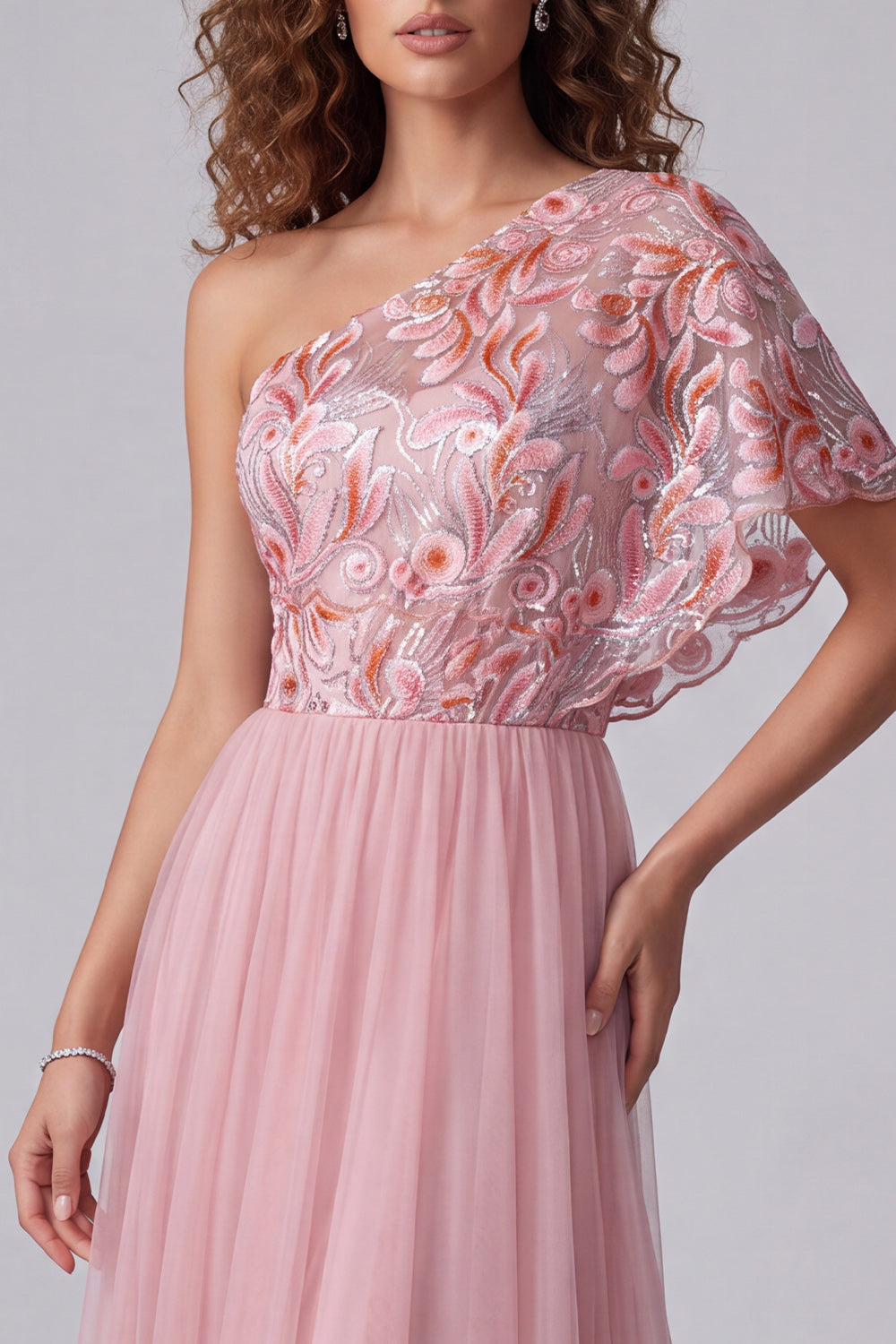 A Line Pink Floral One Shoulder Long Formal Dress with Sleeve