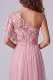 A Line Pink Floral One Shoulder Long Formal Dress with Sleeve