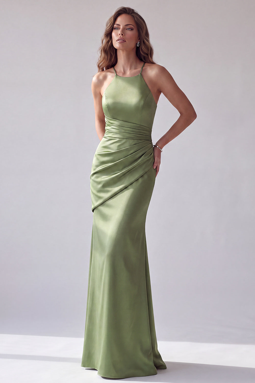 Green Satin Mermaid Halter Simple Ruched Long Formal Dress