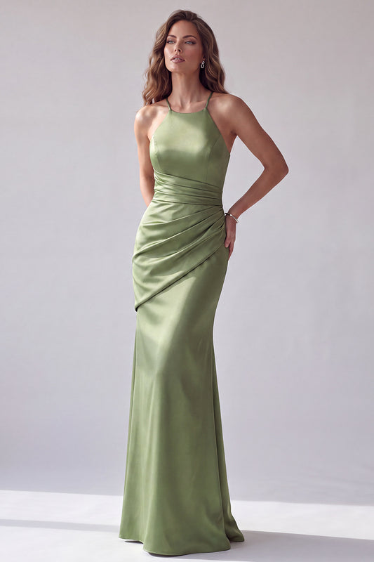 Green Satin Mermaid Halter Simple Ruched Long Formal Dress
