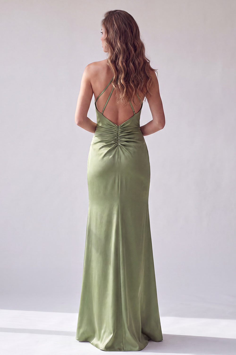 Green Satin Mermaid Halter Simple Ruched Long Formal Dress