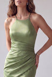 Green Satin Mermaid Halter Simple Ruched Long Formal Dress