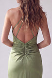 Green Satin Mermaid Halter Simple Ruched Long Formal Dress