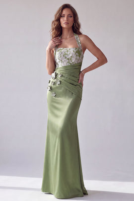 Green Satin Mermaid Halter Ruched Long Formal Dress with 3D Flowers