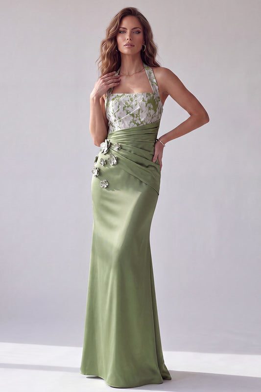 Green Satin Mermaid Halter Ruched Long Formal Dress with 3D Flowers