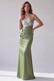 Green Satin Mermaid Halter Ruched Long Formal Dress with 3D Flowers