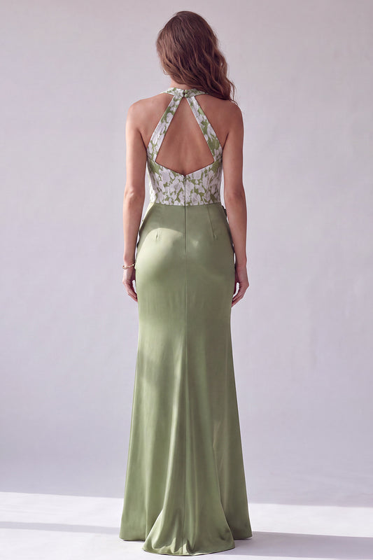Green Satin Mermaid Halter Ruched Long Formal Dress with 3D Flowers