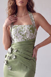 Green Satin Mermaid Halter Ruched Long Formal Dress with 3D Flowers