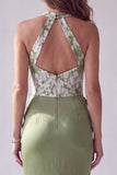 Green Satin Mermaid Halter Ruched Long Formal Dress with 3D Flowers