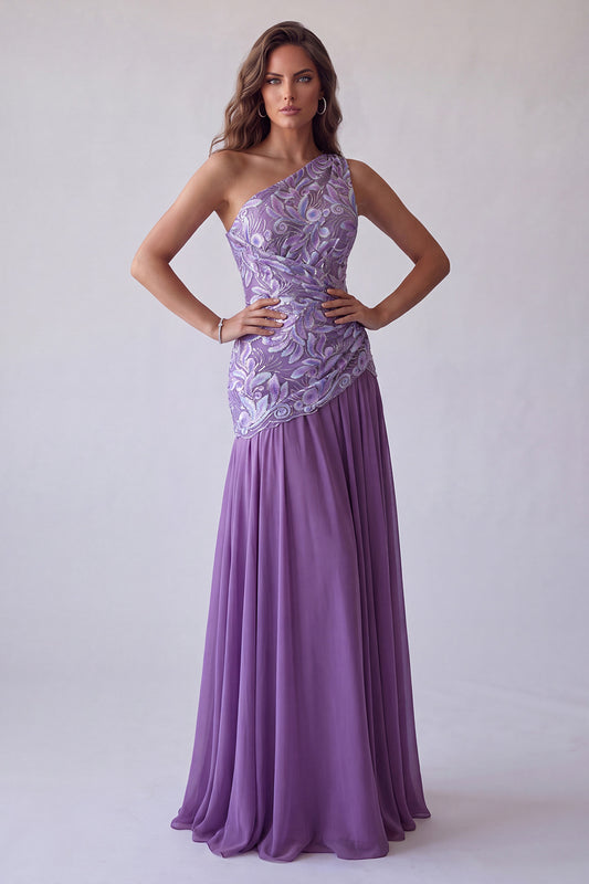 Floral Purple A Line One Shoulder Long Formal Dress