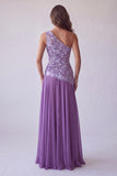 Floral Purple A Line One Shoulder Long Formal Dress