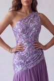 Floral Purple A Line One Shoulder Long Formal Dress