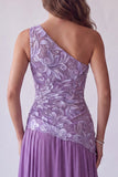 Floral Purple A Line One Shoulder Long Formal Dress