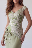 Light Green Floral Mermaid V-Neck Ruched Long Formal Dress