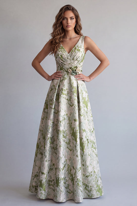 Light Green Jacquard A Line V-Neck Ruched Long Formal Dress with 3D Flowers