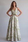 Light Green Jacquard A Line V-Neck Ruched Long Formal Dress with 3D Flowers