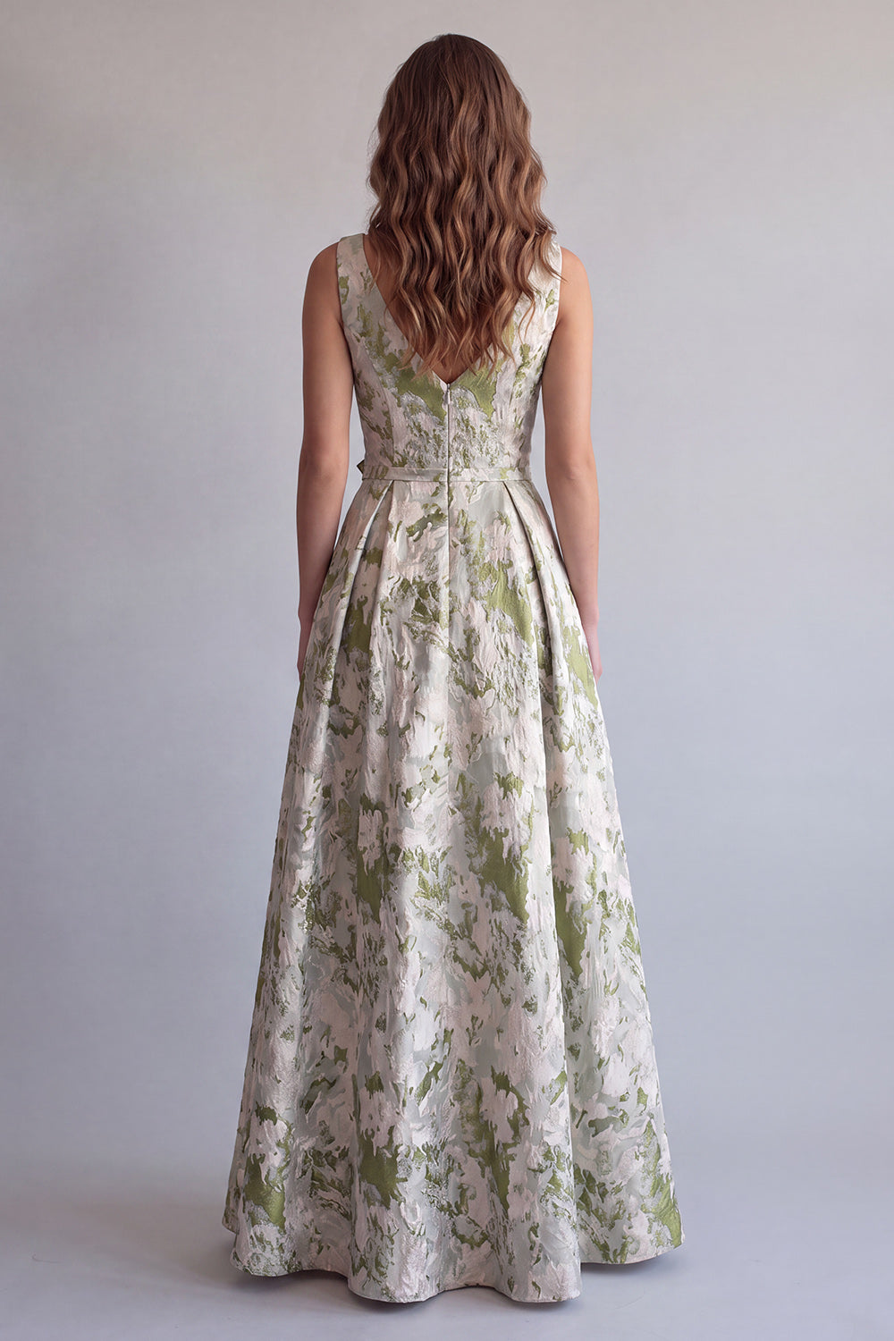 Light Green Jacquard A Line V-Neck Ruched Long Formal Dress with 3D Flowers