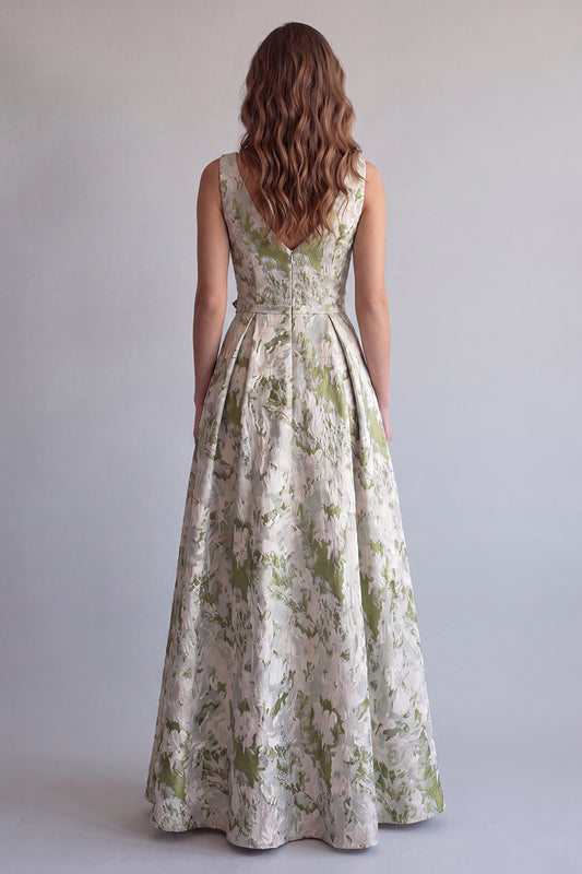 Light Green Jacquard A Line V-Neck Ruched Long Formal Dress with 3D Flowers
