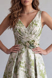 Light Green Jacquard A Line V-Neck Ruched Long Formal Dress with 3D Flowers
