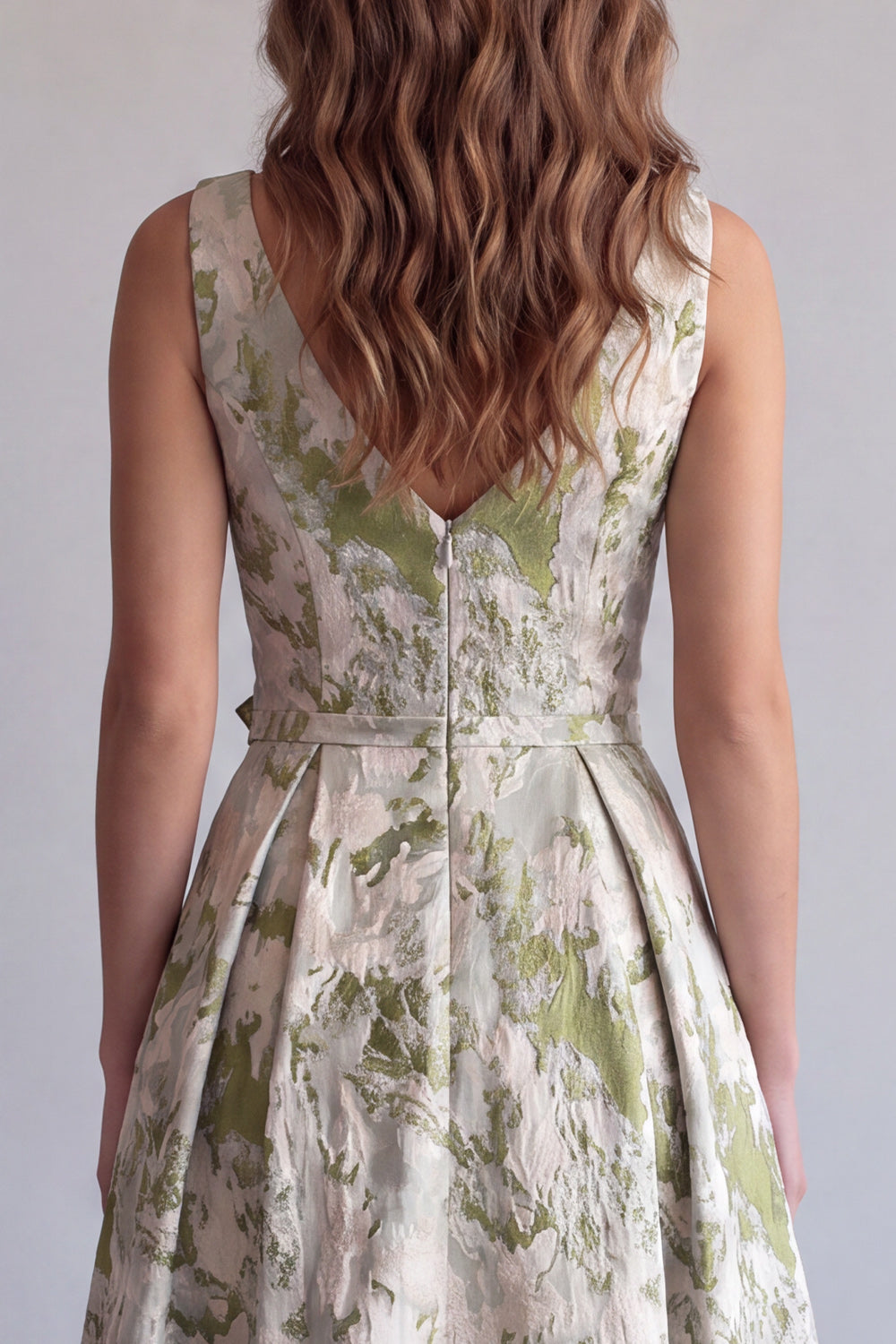 Light Green Jacquard A Line V-Neck Ruched Long Formal Dress with 3D Flowers