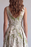 Light Green Jacquard A Line V-Neck Ruched Long Formal Dress with 3D Flowers