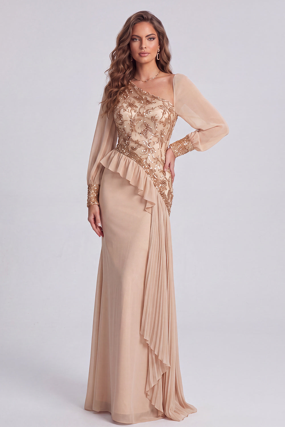 Champagne Floral Mermaid Sequin Sparkly Long Formal Dress with Sleeves