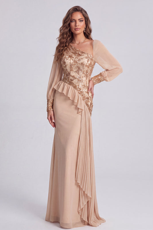 Champagne Floral Mermaid Sequin Sparkly Long Formal Dress with Sleeves