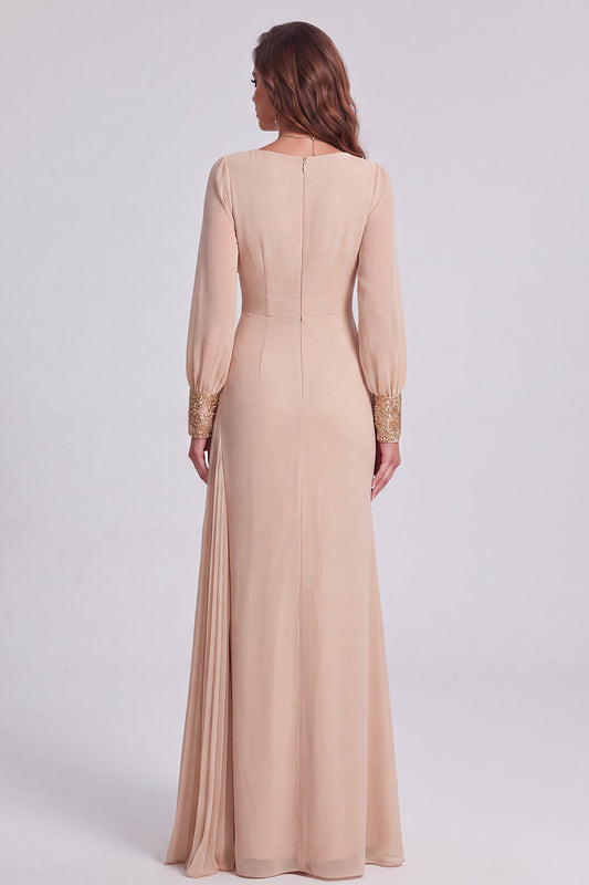 Champagne Floral Mermaid Sequin Sparkly Long Formal Dress with Sleeves