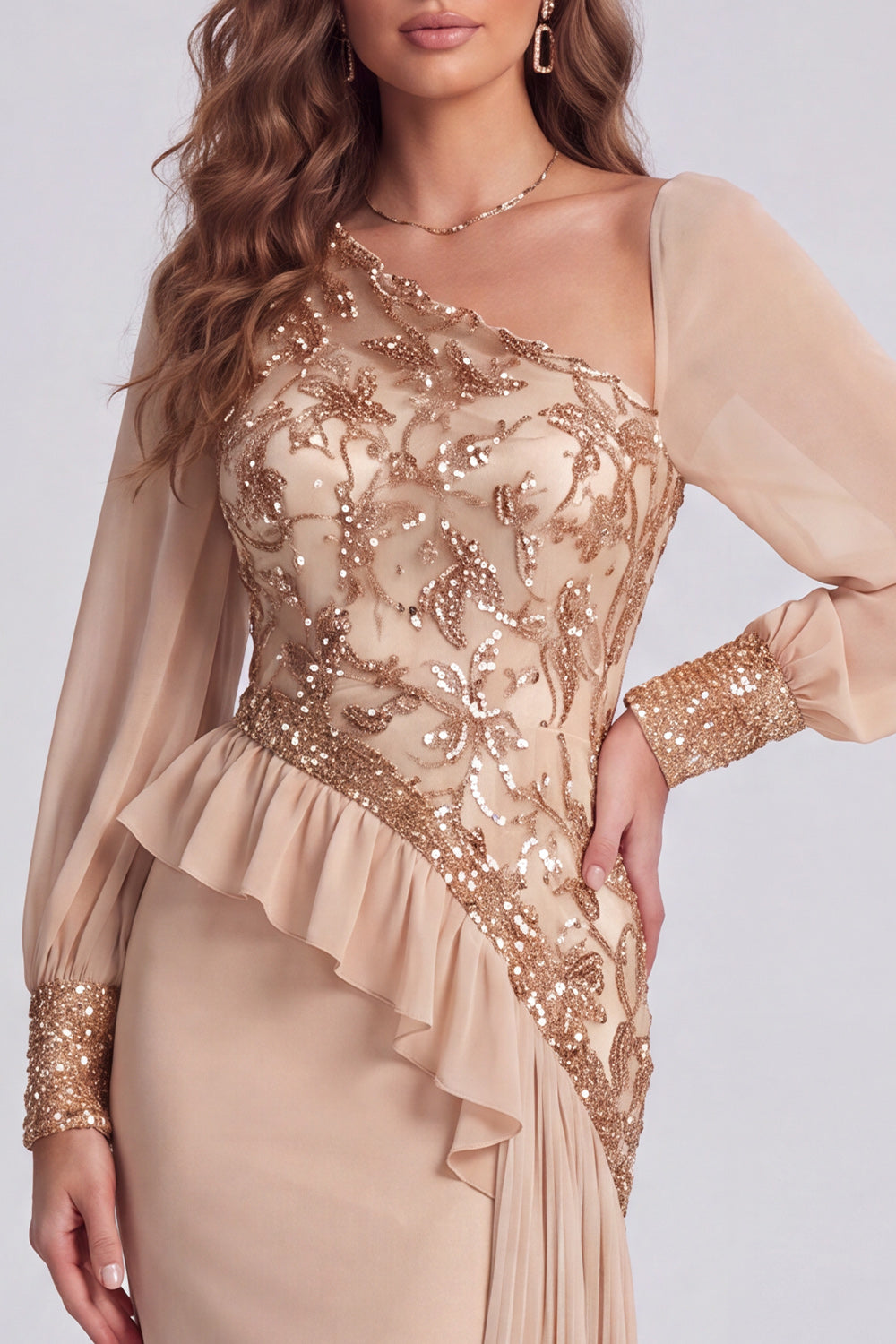 Champagne Floral Mermaid Sequin Sparkly Long Formal Dress with Sleeves