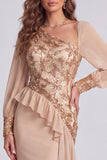 Champagne Floral Mermaid Sequin Sparkly Long Formal Dress with Sleeves