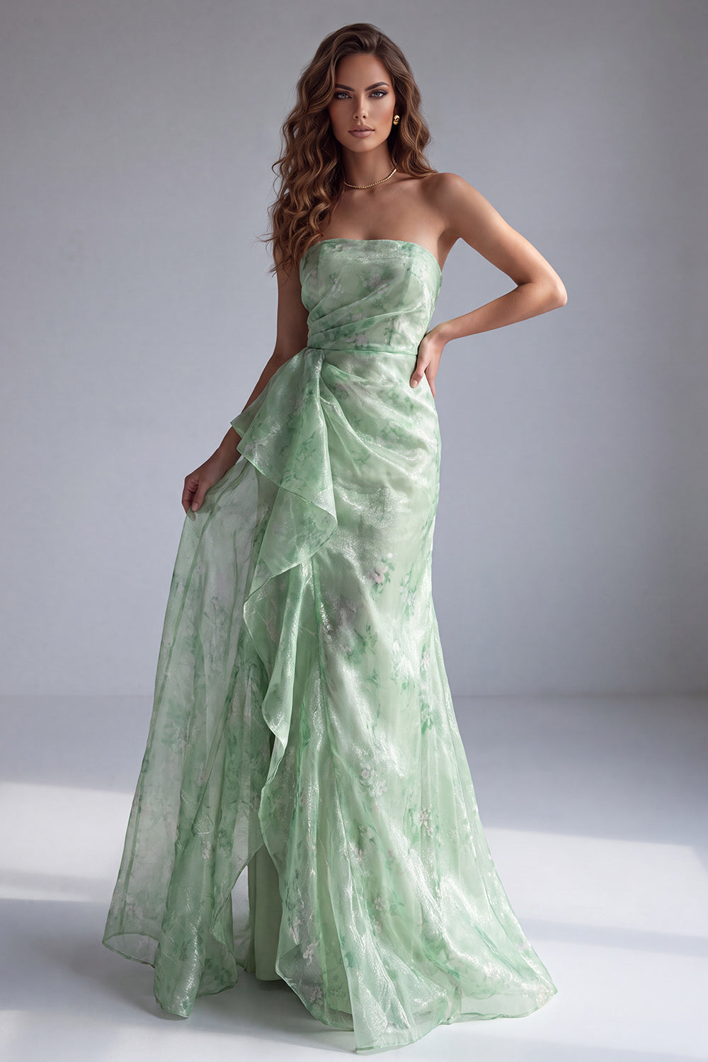 Green Floral Mermaid Ruffled Strapless Long Formal Dress