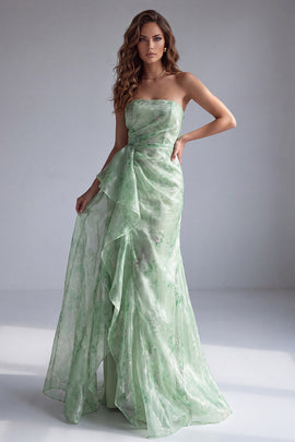 Green Floral Mermaid Ruffled Strapless Long Formal Dress