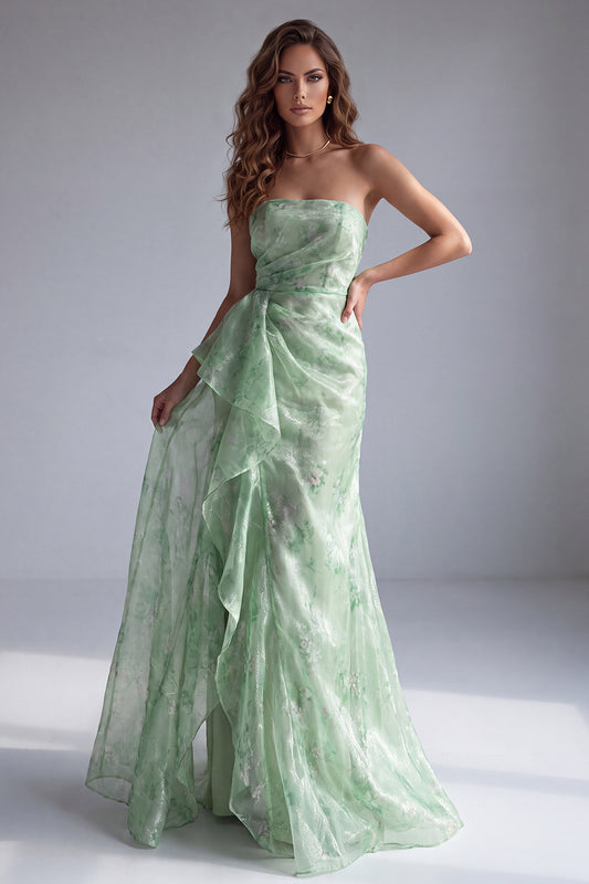Green Floral Mermaid Ruffled Strapless Long Formal Dress