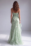 Green Floral Mermaid Ruffled Strapless Long Formal Dress