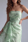 Green Floral Mermaid Ruffled Strapless Long Formal Dress