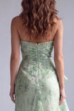 Green Floral Mermaid Ruffled Strapless Long Formal Dress