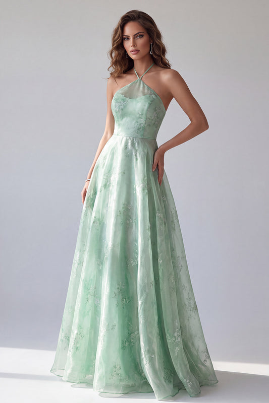 A Line Green Floral Halter Backless Long Formal Dress